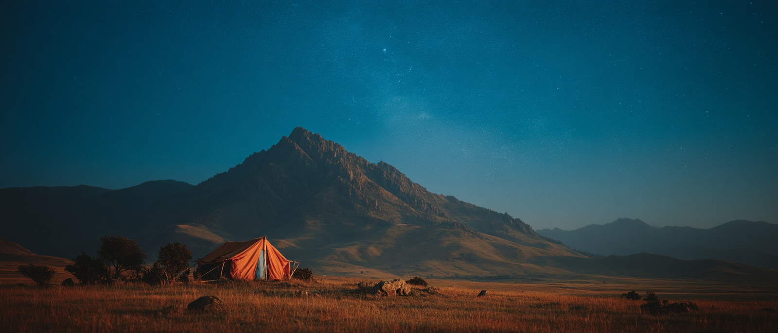 Glowing tent under starry night sky